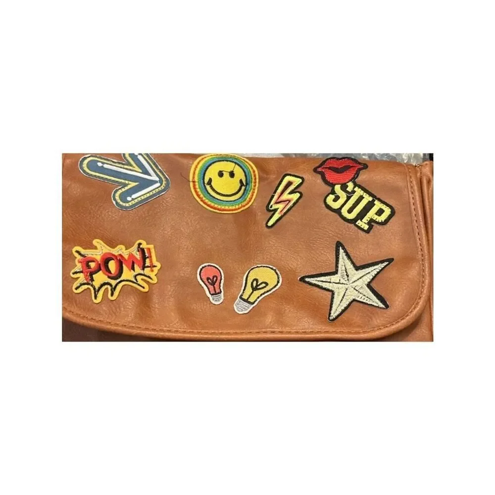 Hello 3AM Brown Faux Leather Satchel Crossbody Bag Patches Star Smiley Face Lips